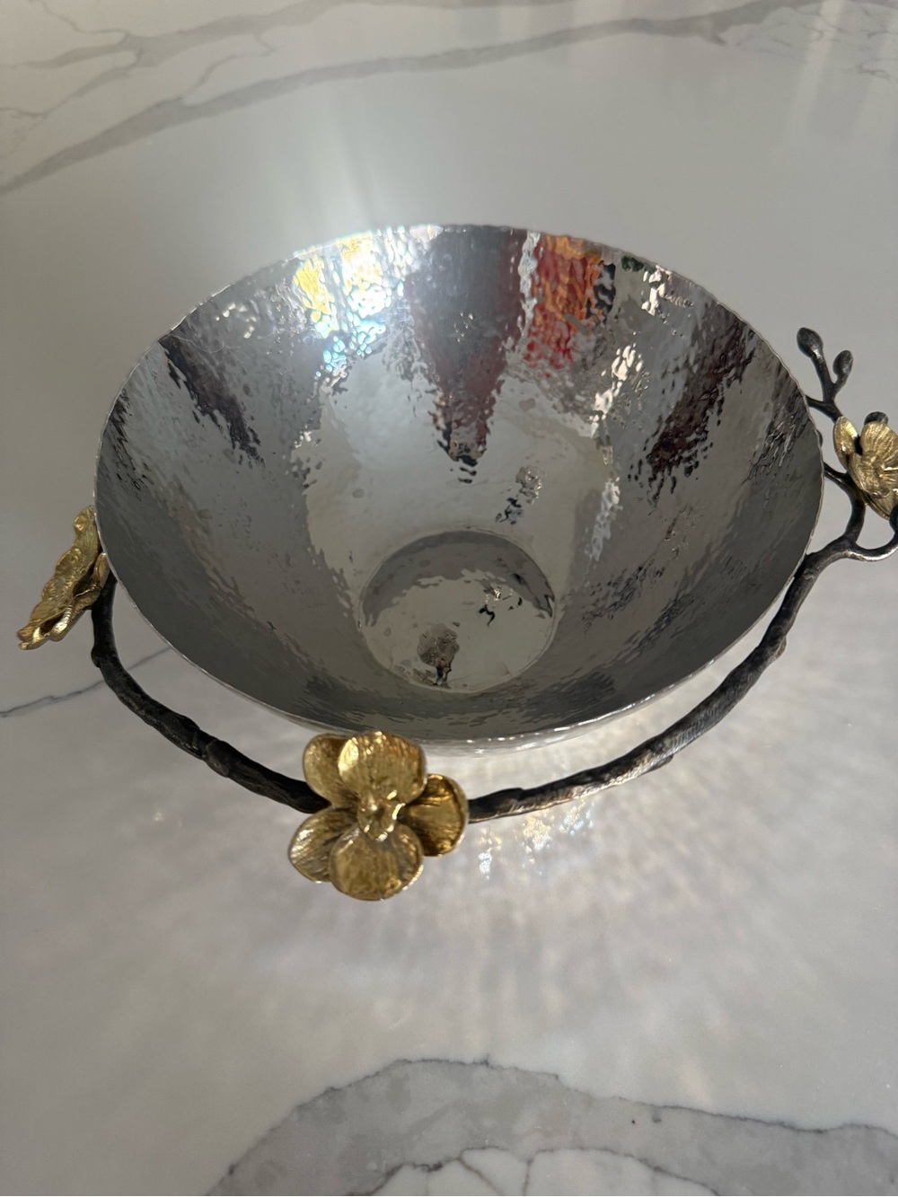 Decorative Michael Aram Silver Hammered Bowl with Gold orchid